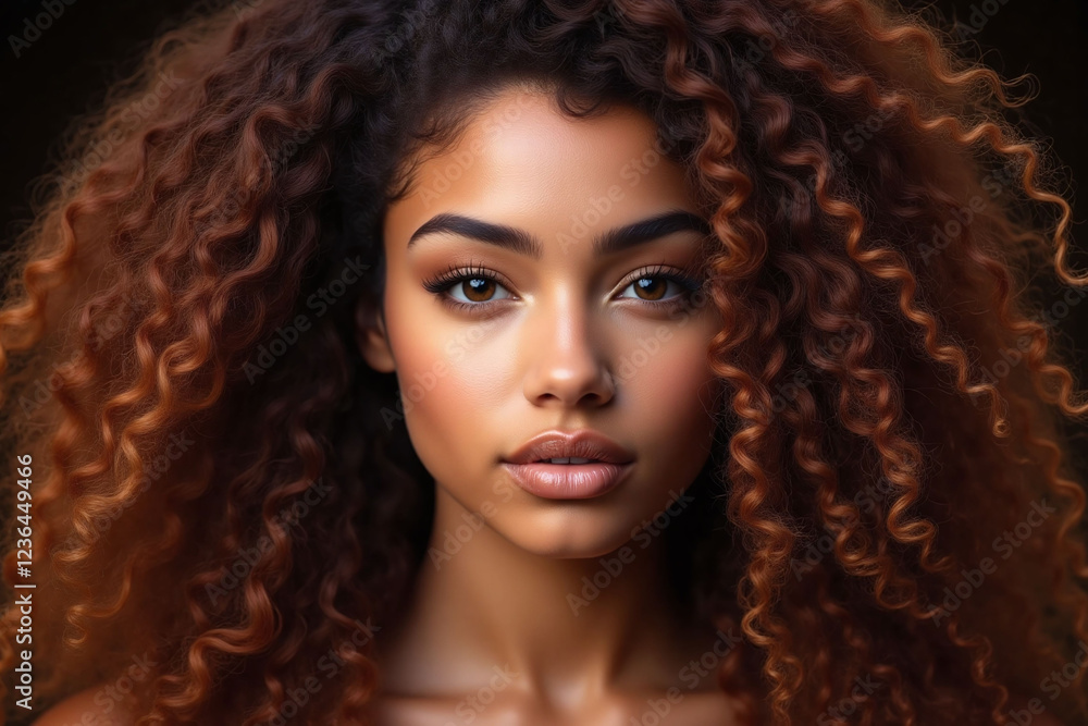 Fototapeta premium young woman with long curly dark brown hair looking confident