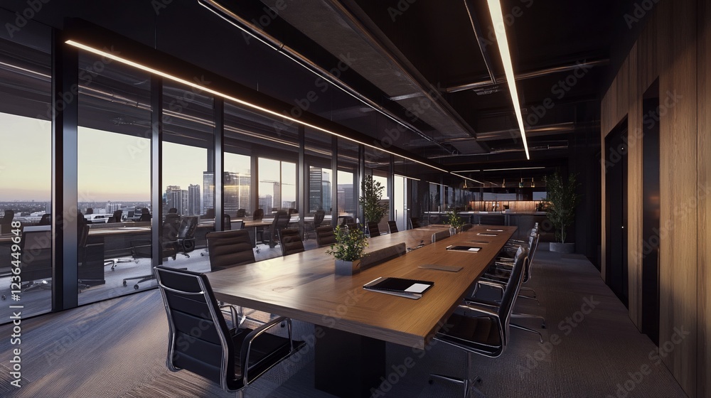 Modern office conference room with long wood table and city view at sunset meeting space Modern office conference room with long wood table and city view at sunset meeting space