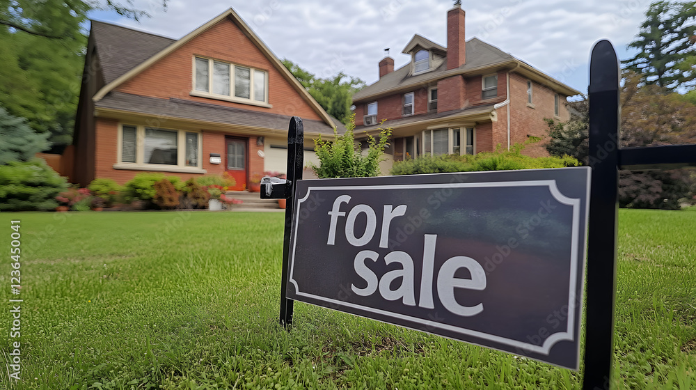 Fototapeta premium Two-Story Brick Houses with 'For Sale' Sign on Green Lawn, Emphasizing Suburban Real Estate Market