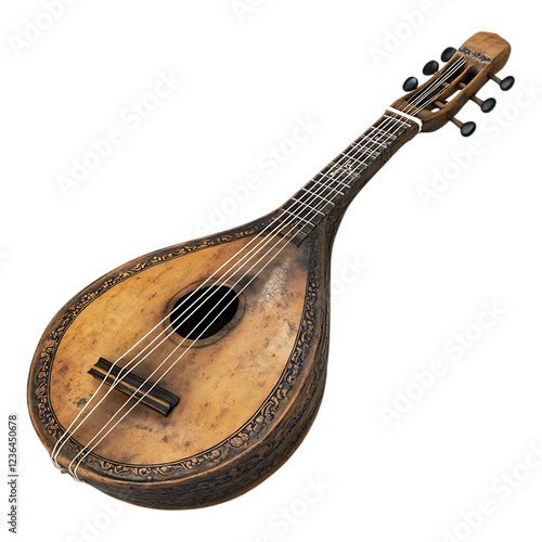 Traditional vintage wooden stringed musical instrument resembling a mandolin or lute, set against a clean transparent background suitable for music