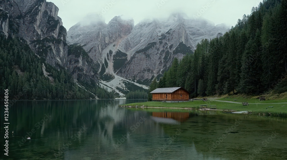 Fototapeta premium Secluded Wooden Cabin by Calm Mountain Lake