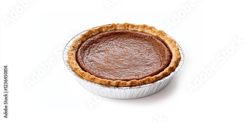 A pumpkin pie in a tin foil baking pan on a plain white background.