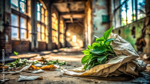 Nature reclaims urban decay: green leaves sprout on aged notepaper within a grunge-textured abandoned building. photo