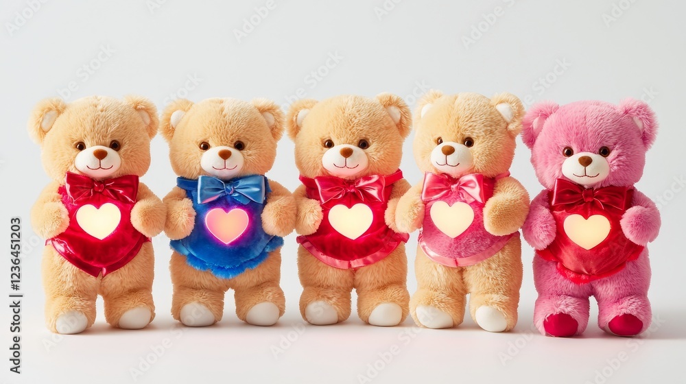 Assorted teddy bears in romantic Valentines attire, including heart-patterned vests and pink hats, placed on a white background Assorted teddy bears in romantic Valentines attire, including heart-patterned vests and pink hats, placed on a white background