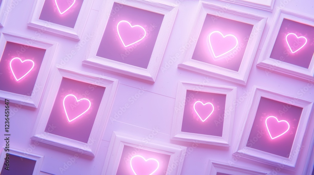 Fototapeta premium Polaroid frame set featuring UV-reactive heart borders, glowing pink edges, and subtle romantic symbols, cut out on white