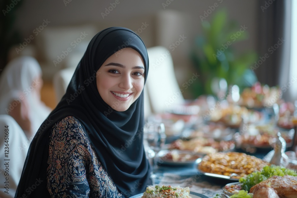 A joyful Muslim woman in a hijab is smiling at the camera during an Eid celebration. She is surrounded by a festive table filled with various dishes representing multicultural cuisine. A joyful Muslim woman in a hijab is smiling at the camera during an Eid celebration. She is surrounded by a festive table filled with various dishes representing multicultural cuisine.