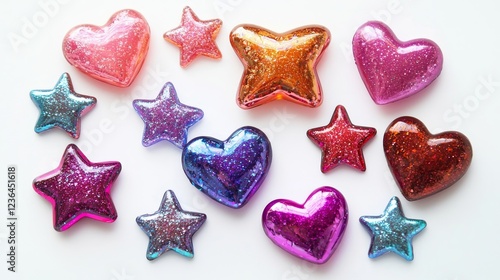 Assorted shimmering stars mixed with heart shapes in holographic textures, high-gloss finish, isolated on white