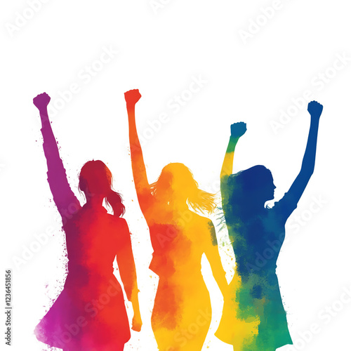 Powerful watercolor silhouettes of three women raising their fists symbolize freedom, equality, and feminism.