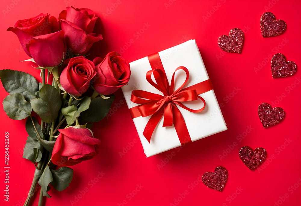 Red roses bouquet, a white gift box with a red ribbon, and sparkling red hearts on a red background. Perfect Valentines Day image. Red roses bouquet, a white gift box with a red ribbon, and sparkling red hearts on a red background. Perfect Valentines Day image.