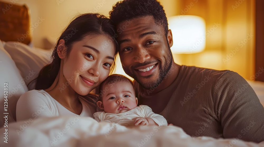 A couple cuddling with their baby in bed, exuding warmth and happiness in a cozy evening setting A couple cuddling with their baby in bed, exuding warmth and happiness in a cozy evening setting