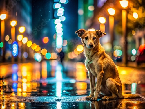 Sad Wet Stray Dog Seeking Adoption - Minimalist Rainy Street Photo photo