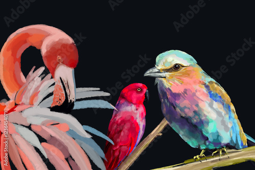 Vibrant watercolor illustration of exotic tropical birds, featuring a majestic flamingo, a colorful lilac-breasted roller, and a striking red parrot. Perfect for nature, wildlife, and artistic designs