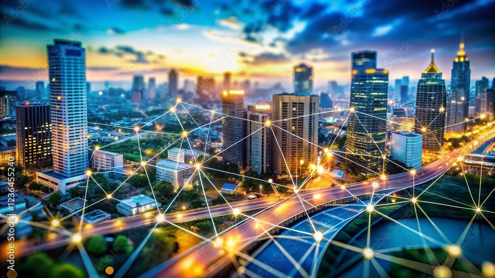 Obraz premium Urban Tapestry of Data: Cityscape Illuminated by Digital Connectivity