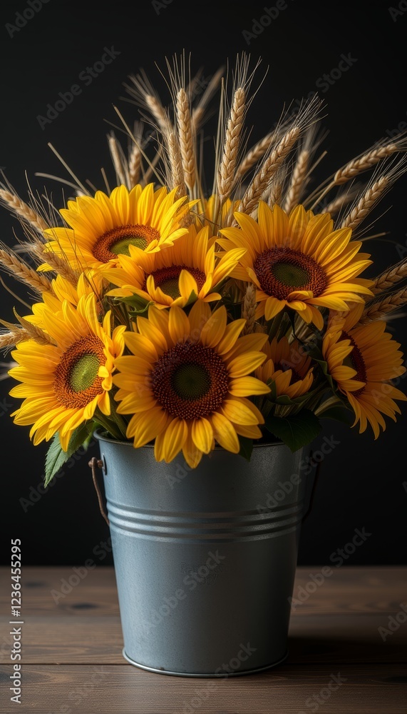 Obraz premium Bright sunflower bouquet with wheat stalks in a metallic bucket set on a wooden table with a black background