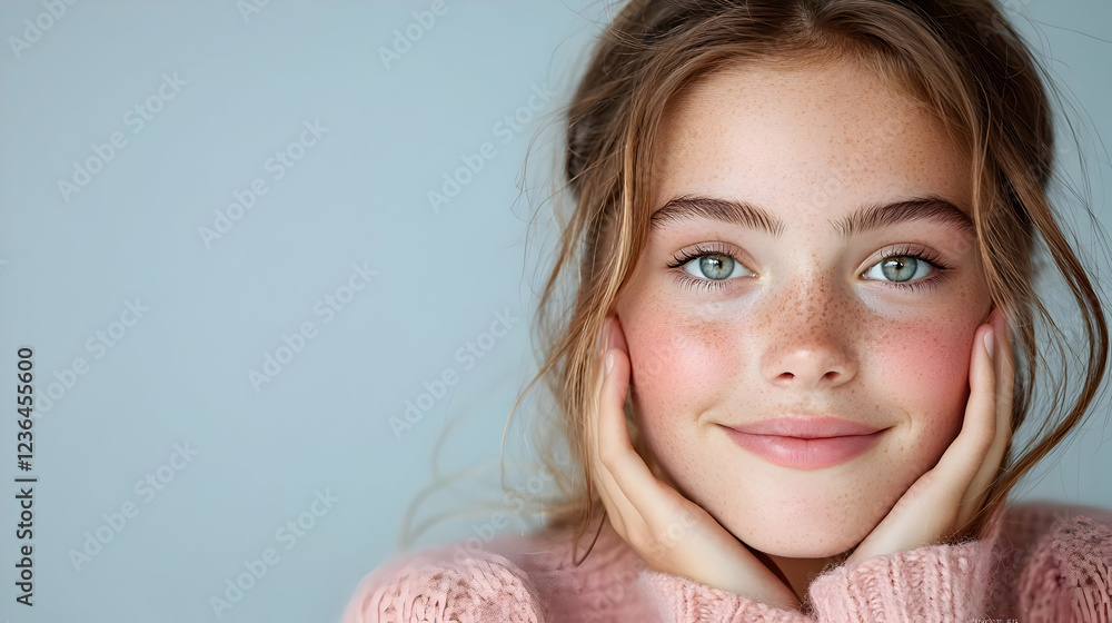 Girl's portrait, studio, light background, happy Girl's portrait, studio, light background, happy