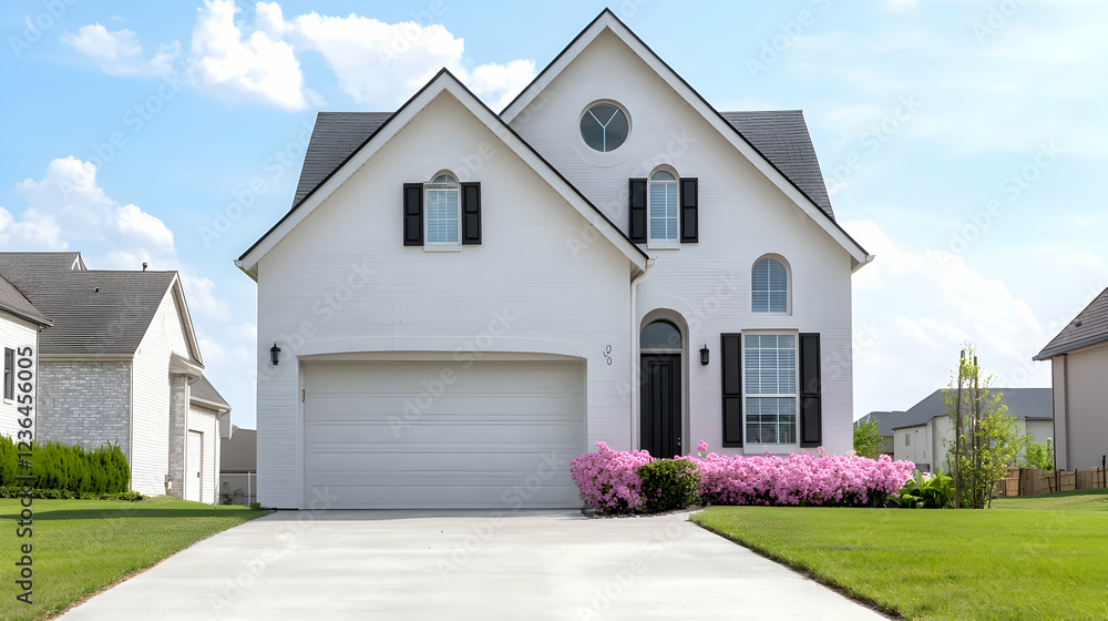 Fototapeta premium Suburban home, landscaped yard, blue sky, new construction, real estate
