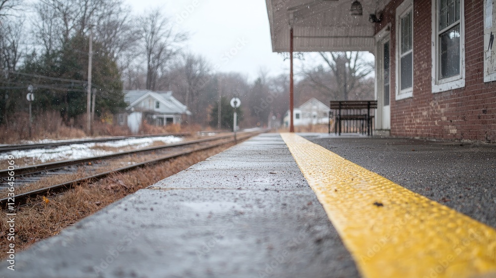 Winter train platform, rural scene, snowy landscape Winter train platform, rural scene, snowy landscape