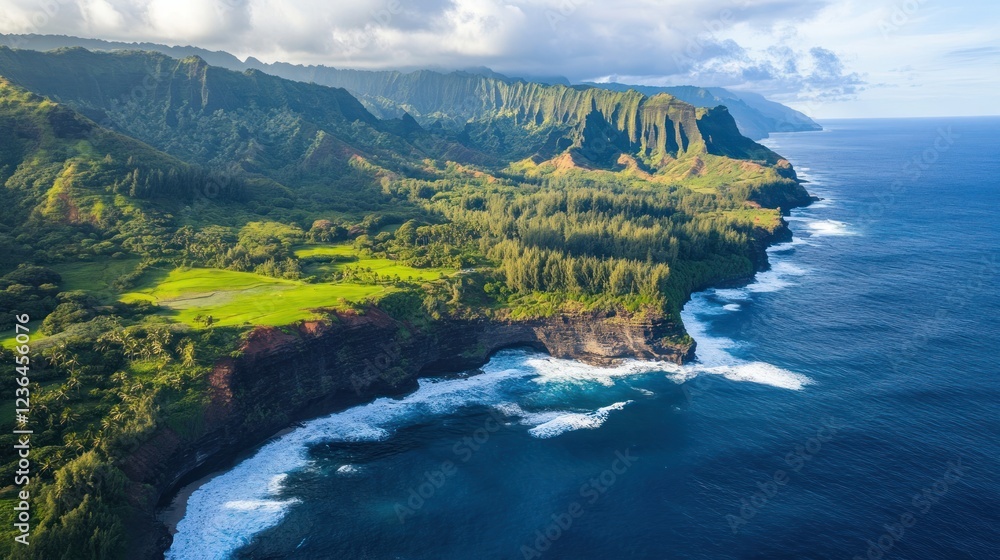 Fototapeta premium Aerial View of Lush Green Cliffs and Ocean Waves in Kauai