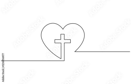 One continuous line drawing cross of christ with love sign vector illustration, Christianity love. Heart and cross. Continuous line drawing. Religion concept.