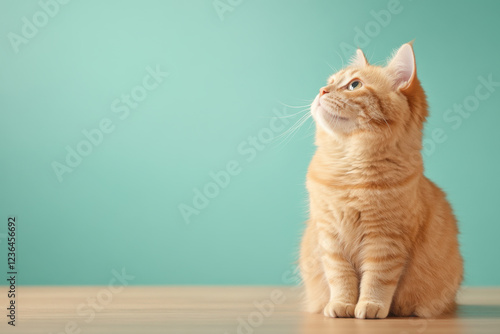 Ginger Cat on Teal Background Copy Space