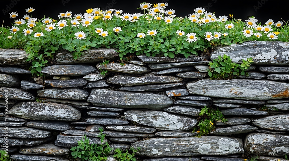 A patch of vibrant daisies growing through cracks in an old cobblestone pathway. A patch of vibrant daisies growing through cracks in an old cobblestone pathway.