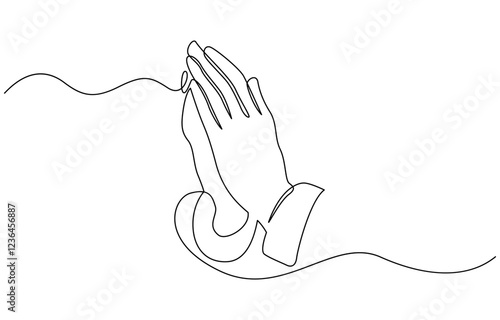One line drawing praying hand worship religious vector illustration template design, Hand in Praying position or in Cultural Greeting Form Continuous one line drawing.