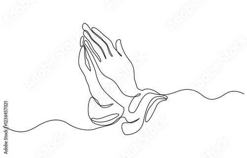 One line drawing praying hand worship religious vector illustration template design, Hand in Praying position or in Cultural Greeting Form Continuous one line drawing.
