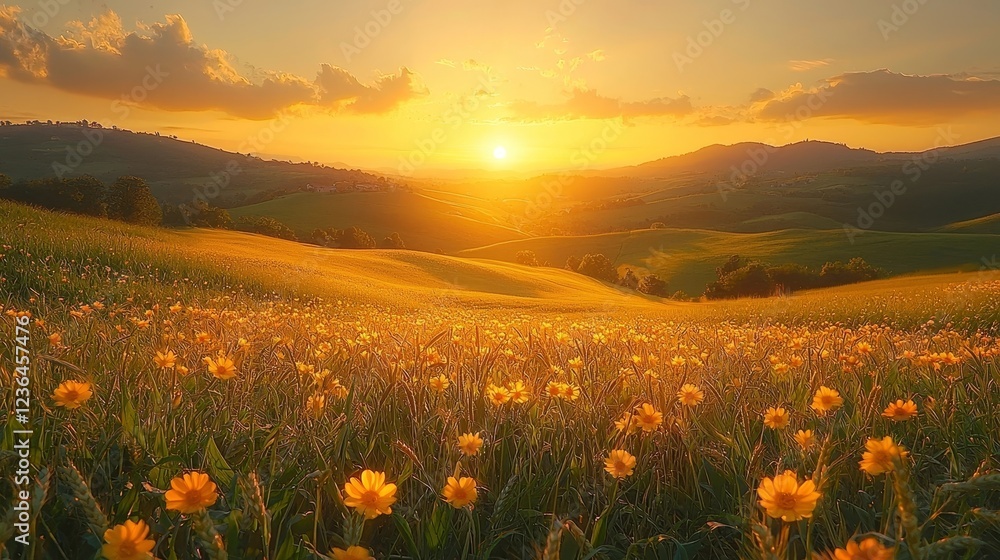 Fototapeta premium Breathtaking Wheat Field Landscape Under Glowing Sunrise Sky