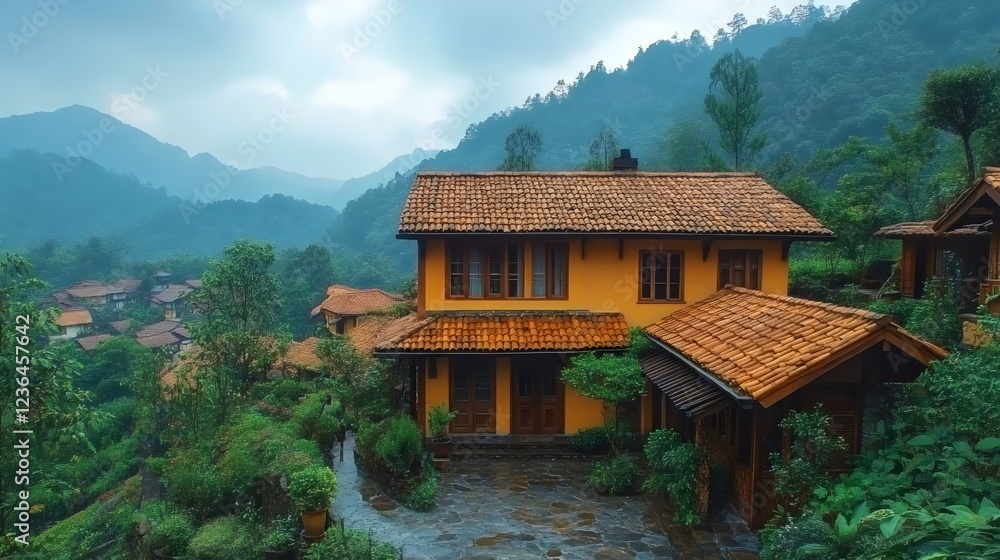 A house with a red roof sits in a lush green valley A house with a red roof sits in a lush green valley