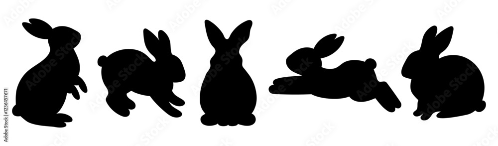 Fototapeta premium Easter bunny silhouettes. Set of silhouettes of rabbits in different poses. Black outlines of bunnies. Traditional holiday symbol