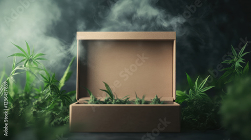empty fancy box opening surrounded by cannabis plants, creating mysterious atmosphere with smoke