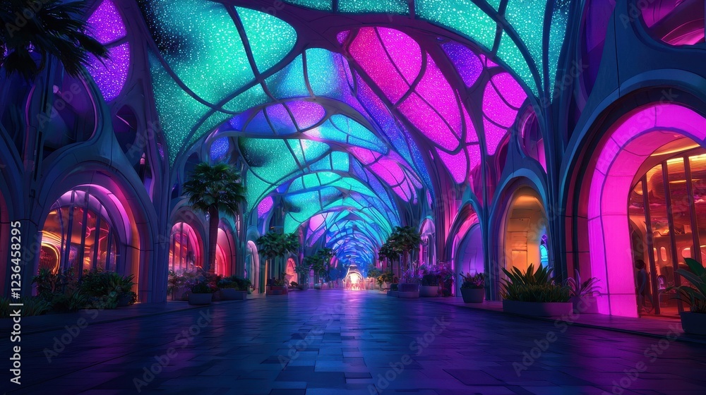 Vivid Neon Archway with Glowing Lights in Modern Urban Setting Vivid Neon Archway with Glowing Lights in Modern Urban Setting