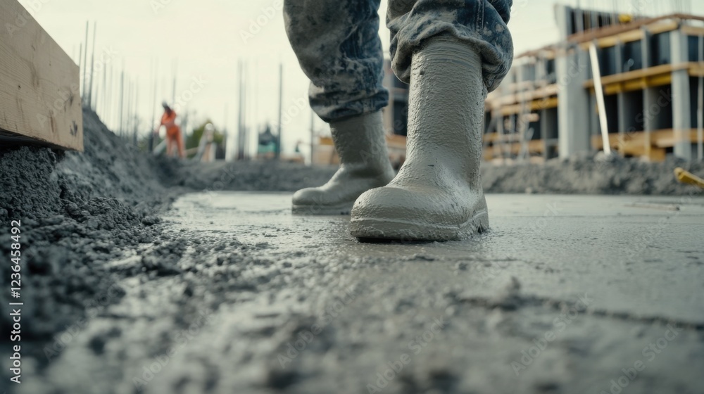 An intense close-up of a concrete finisher smoothing out freshly poured concrete on a dam construction site, Dam construction scene, Methodical and precise style An intense close-up of a concrete finisher smoothing out freshly poured concrete on a dam construction site, Dam construction scene, Methodical and precise style