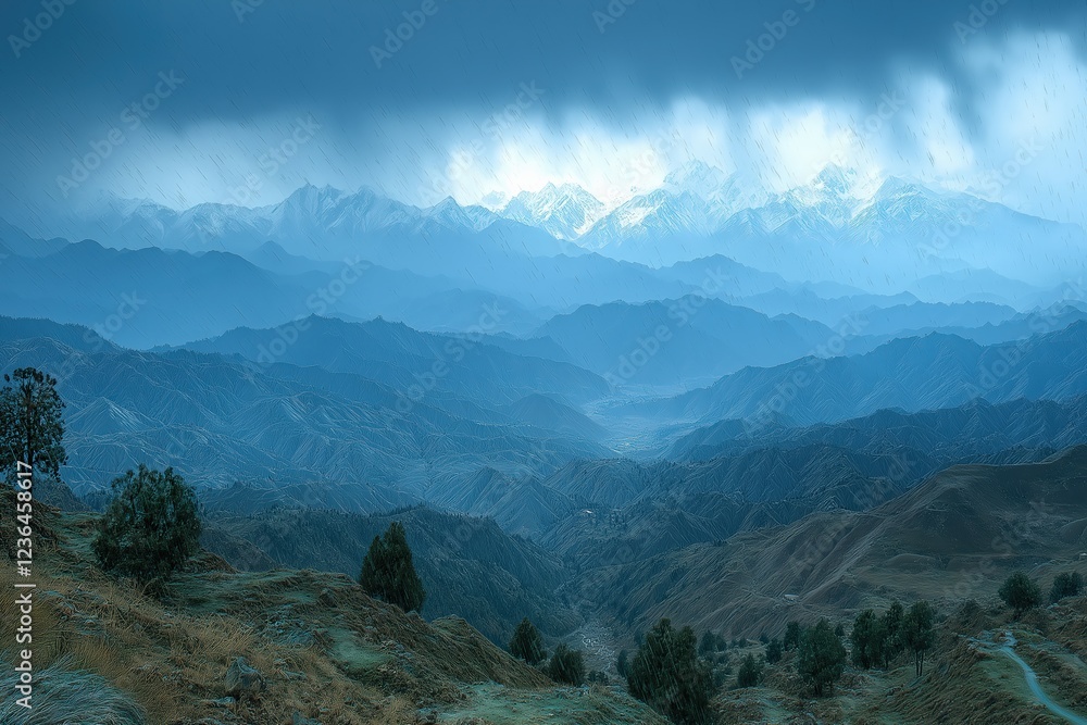 Obraz premium Majestic mountain landscape under dramatic cloudy sky at dusk in the Himalayas