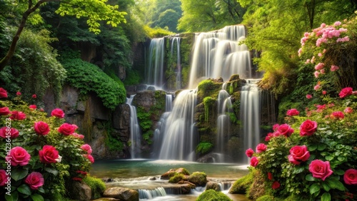 waterfall cascading in a lush forest surrounded by blooming roses, outdoor scenes