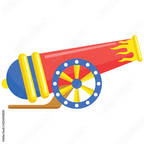 Red cannon with blue and yellow details and one wheel. Ideal for historical or military themed designs and projects.