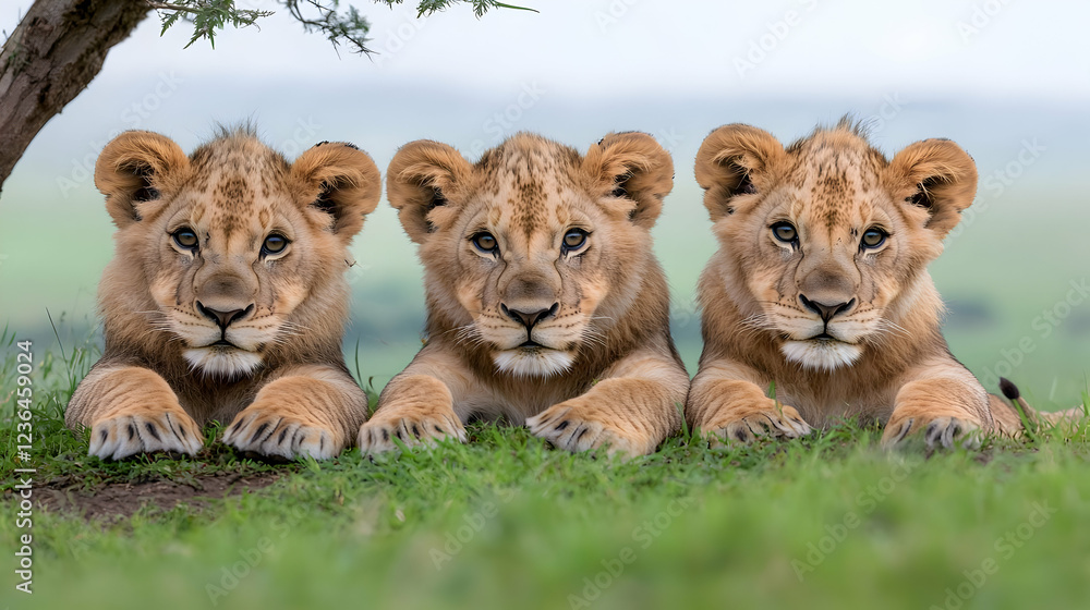 Three lion cubs resting in African savanna Three lion cubs resting in African savanna