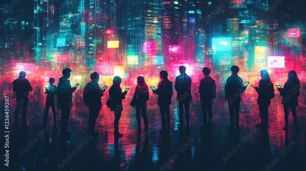 Cyberpunk Cityscape: Silhouettes of Individuals Immersed in Digital Displays Cyberpunk Cityscape: Silhouettes of Individuals Immersed in Digital Displays