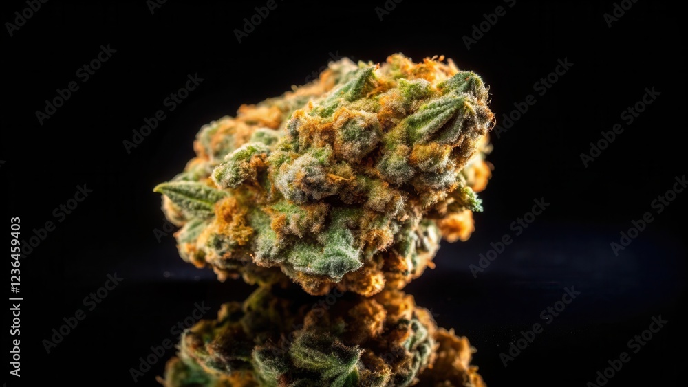 Detailed macro photograph of a single cannabis nug on a black background, highlighting its natural shape and intricate patterns , close up, cannabis leaf Detailed macro photograph of a single cannabis nug on a black background, highlighting its natural shape and intricate patterns , close up, cannabis leaf
