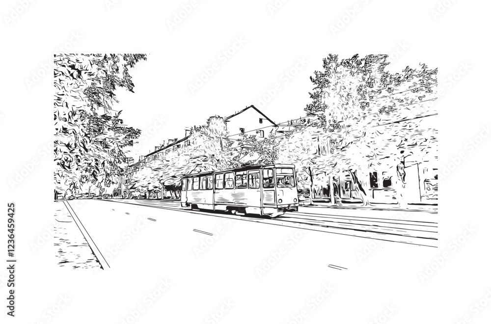 Fototapeta premium Building view with landmark of Chelyabinsk Russia. Hand drawn sketch illustration in vector.