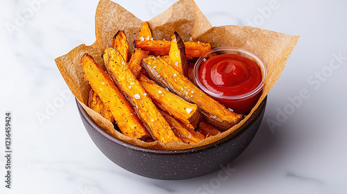 Crispy sweet potato fries with sea salt, served with ketchup on a white plate, soft natural light in food photography
