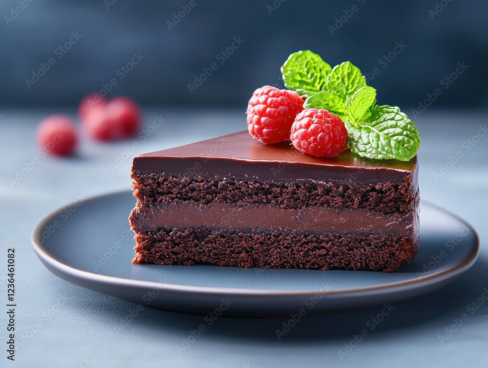 Delicious flourless chocolate cake slice topped with fresh raspberries and mint leaves, showcasing rich and dense texture that is perfect for dessert lovers Delicious flourless chocolate cake slice topped with fresh raspberries and mint leaves, showcasing rich and dense texture that is perfect for dessert lovers