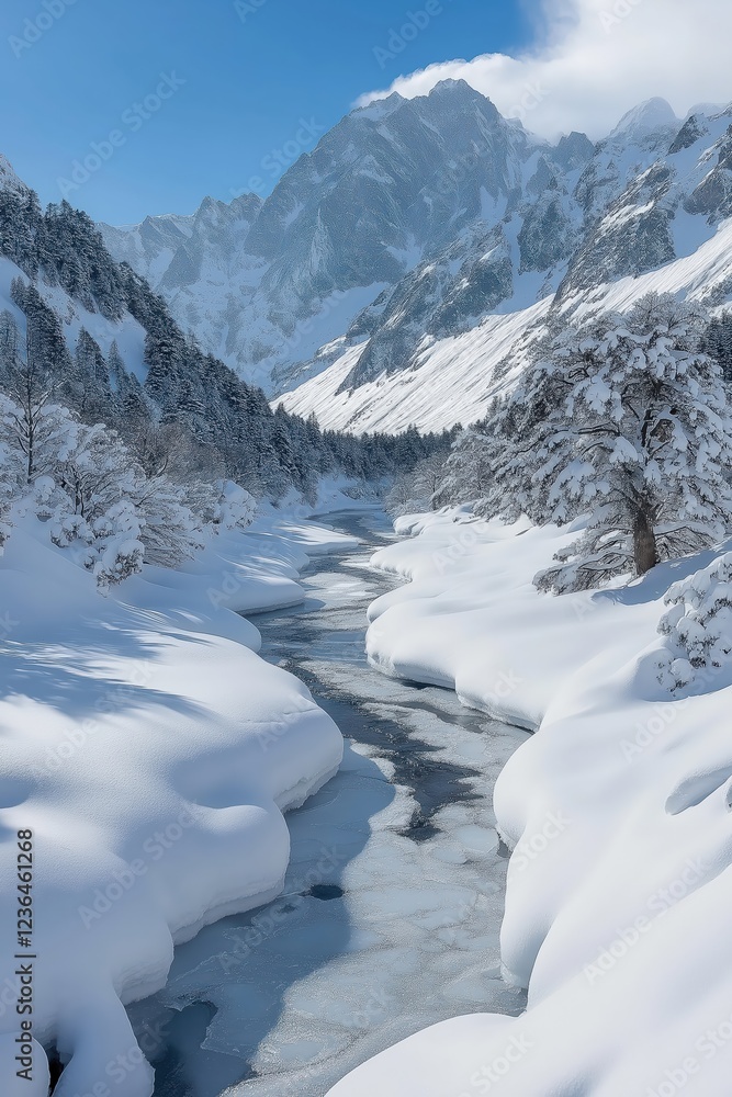 Snow-covered mountains and frozen river create a serene winter landscape in the mountains Snow-covered mountains and frozen river create a serene winter landscape in the mountains