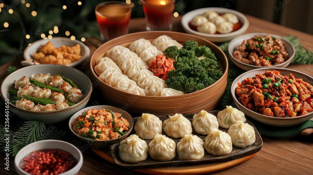 Lunar New Year feast, dumplings and traditional dishes, cozy family setting, 3D illustration Lunar New Year feast, dumplings and traditional dishes, cozy family setting, 3D illustration