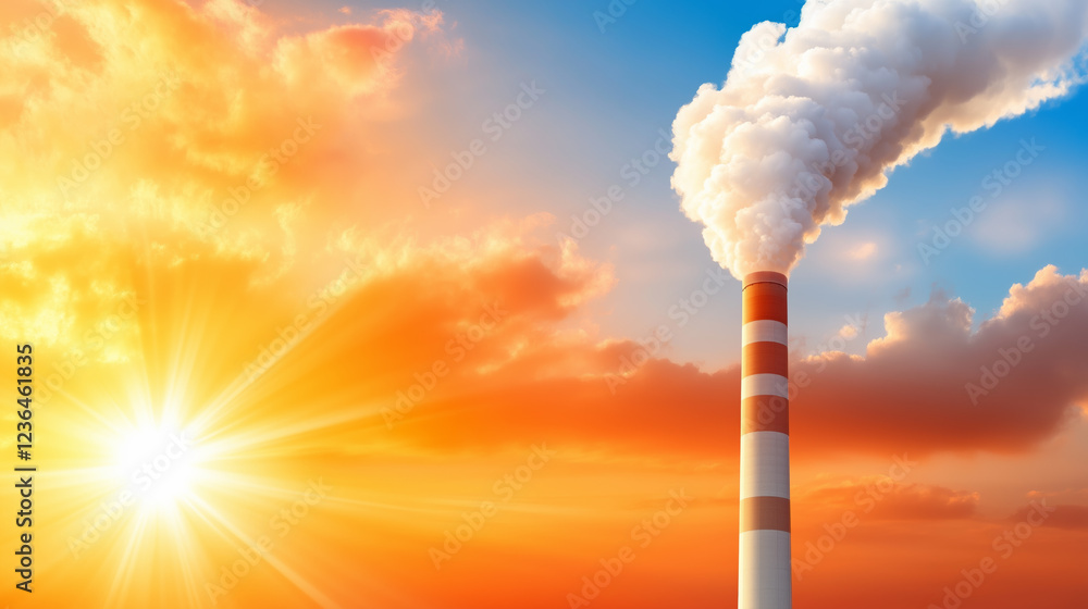 Obraz premium A tall industrial chimney is releasing thick white smoke into the atmosphere during a stunning sunset. The colorful sky features shades of orange and blue with fluffy clouds