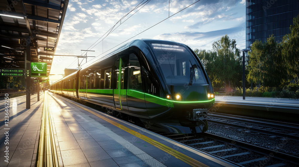 Naklejka premium modern train at station during sunset, showcasing sustainable transportation