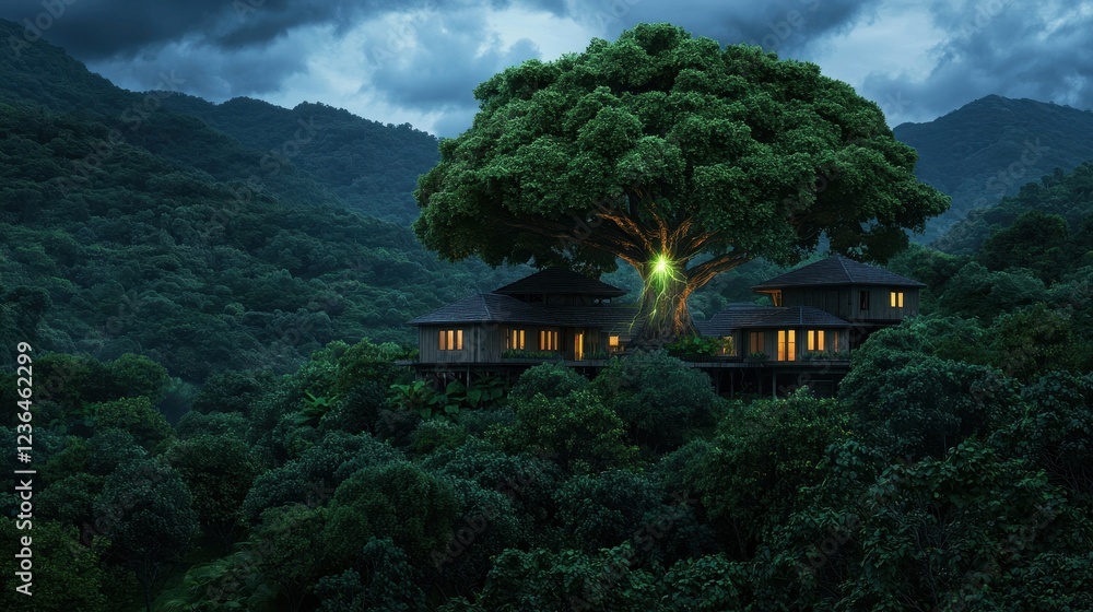 Enchanting Treehouse Among Lush Green Mountains at Dusk Enchanting Treehouse Among Lush Green Mountains at Dusk