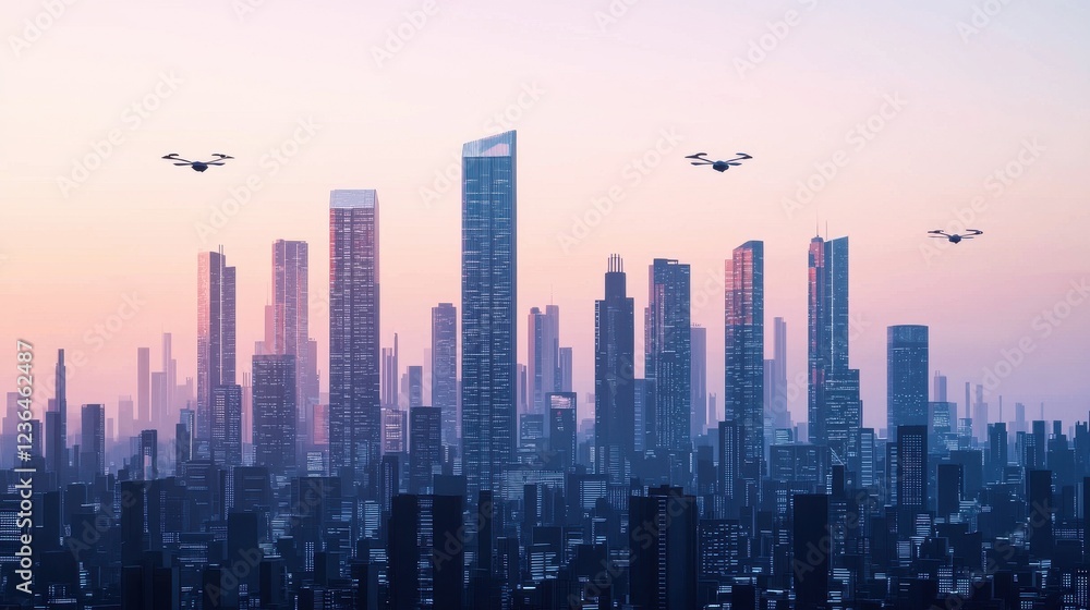 Urban Skyline at Dawn with Drones Flying in a Futuristic City Urban Skyline at Dawn with Drones Flying in a Futuristic City