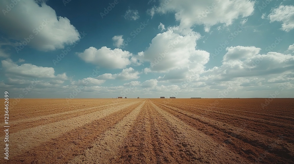 Expansive farmland under a vast blue sky with fluffy clouds Expansive farmland under a vast blue sky with fluffy clouds
