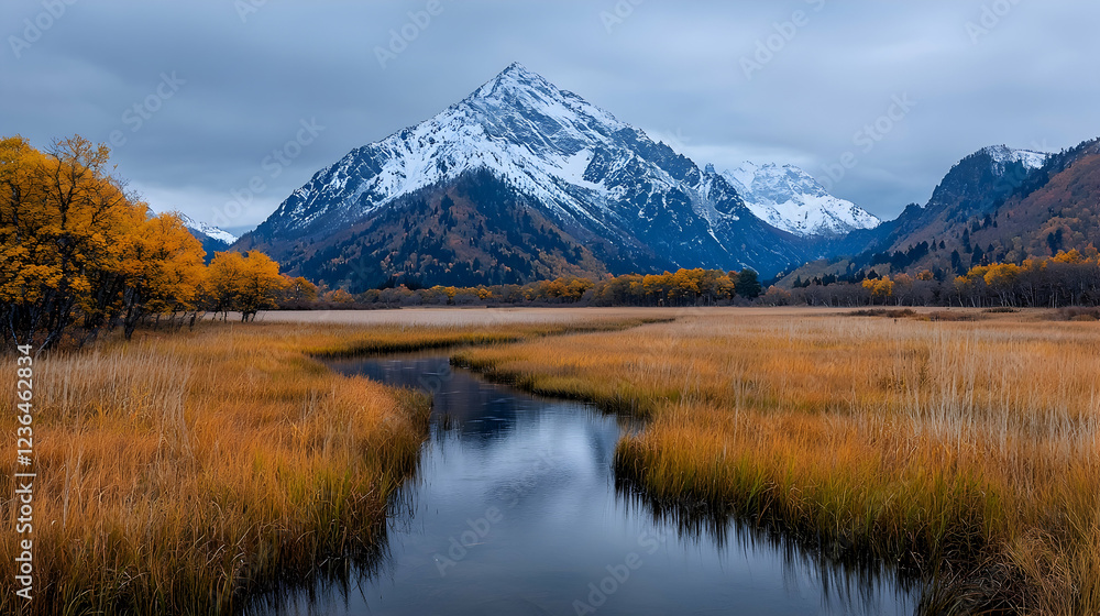 Fototapeta premium Autumnal mountain stream, golden meadow, snowy peak background